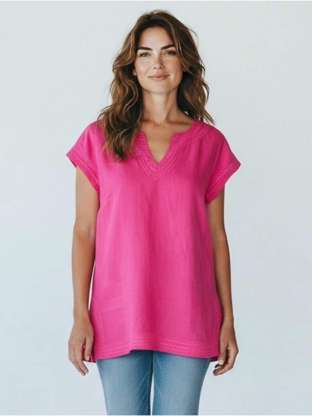 St. Tropez Linen Embroidered V-Neck Cap Sleeve Top Pink